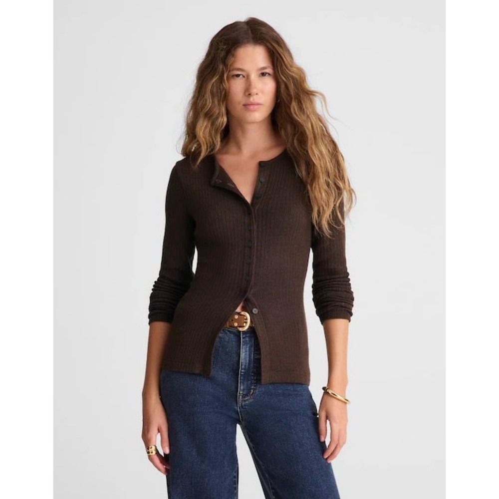 Madewell Womens Ribbed Button Front Cardigan Sweater Brown XXS Long‎ Sleeve Slim